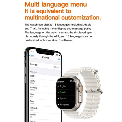 A Practical Smart Watch for Everyday Health and Activity showing multilingual menu, language list on phone and watch with white sport band