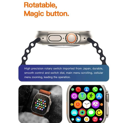 A Practical Smart Watch for Everyday Health and Activity showing rotatable magic button, app grid, heart-rate and activity tracking on stainless case