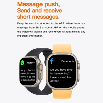 A Practical Smart Watch for Everyday Health and Activity displaying message push notifications for WhatsApp and Facebook on two watch screens