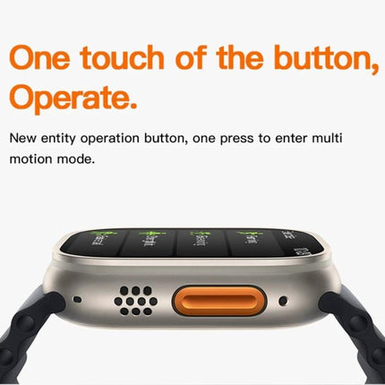 A Practical Smart Watch for Everyday Health and Activity showing side view with one-touch orange button for multi-motion mode and heart rate tracking