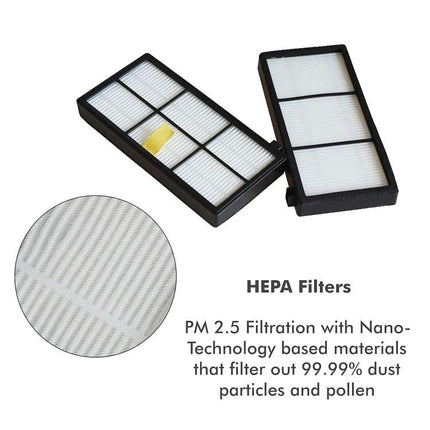 iRobot Replacement HEPA Filter for Robotic Vacuum Cleaners - pair of white rectangular HEPA filters for iRobot 8/9 series, captures dust pollen pet dander