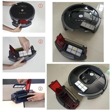 iRobot Replacement HEPA Filter for Robotic Vacuum Cleaners shown installed and removed from 8/9 series dustbin, capturing dust pollen and pet dander