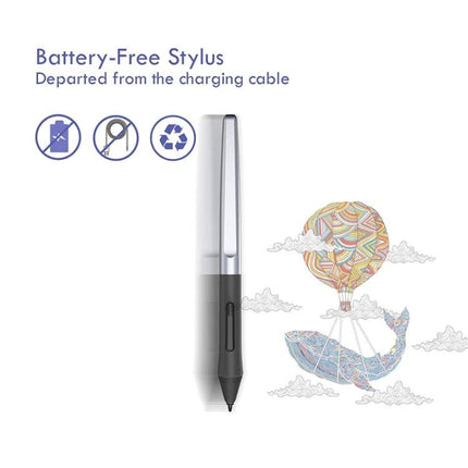 Huion Inspiroy Drawing Tablet with Battery-Free Stylus for Artists showing the battery-free stylus and colorful whale hot-air balloon illustration