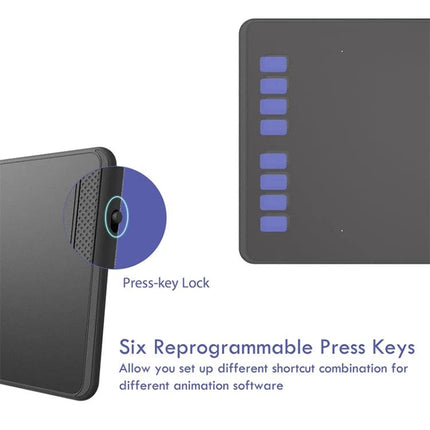Huion Inspiroy Drawing Tablet with Battery-Free Stylus for Artists showing six reprogrammable press keys and press-key lock