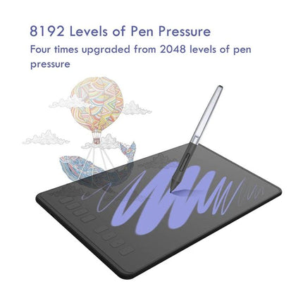Huion Inspiroy Drawing Tablet with Battery-Free Stylus for Artists showing pen on tablet and text ‘8192 Levels of Pen Pressure’