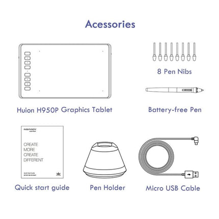 Huion Inspiroy Drawing Tablet with Battery-Free Stylus for Artists accessories layout showing tablet, battery-free pen, 8 pen nibs, pen holder, cable, guide