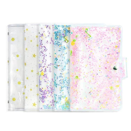CAIUL 3 Inch PVC Photo Album, Large Capacity for Memories - glittery translucent PU cover, holds 96 small photos/cards, compact 11.5x1.5x19 cm