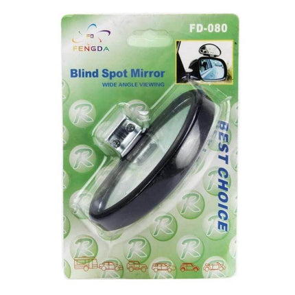 Adjustable Wide Angle Rear View Blind Spot Mirror for Safe Driving mounted on packaging showing mirror and adjustable bracket