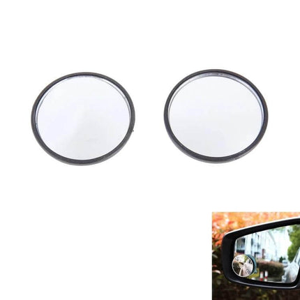 Wide Angle Blind Spot Mirror for Car Safety, 5.3cm Diameter - pair of round adhesive mirrors shown with one mounted on side mirror to expand blind spot view