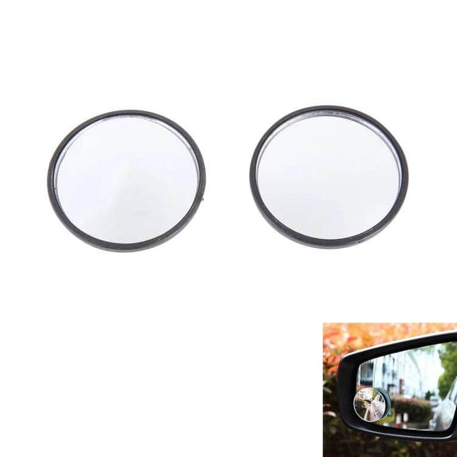 Wide Angle Blind Spot Mirror for Car Safety, 5.3cm Diameter - pair of round adhesive mirrors shown with one mounted on side mirror to expand blind spot view