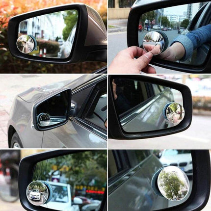 Wide Angle Blind Spot Mirror for Car Safety, 5.3cm Diameter shown on side mirrors to expand visibility and reduce blind spots