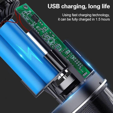 Navy Blue Wireless Handheld Vacuum Cleaner For Car And Home showing internal battery, USB charging circuit and motor components