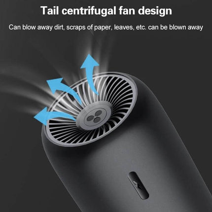 Navy Blue Wireless Handheld Vacuum Cleaner For Car And Home showing tail centrifugal fan design blowing debris