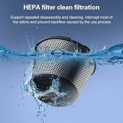 Navy Blue Wireless Handheld Vacuum Cleaner For Car And Home showing washable HEPA filter being rinsed to highlight easy cleaning and filtration