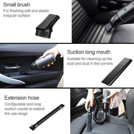 Navy Blue Wireless Handheld Vacuum Cleaner For Car And Home compact ergonomic cordless vacuum with brush, long nozzle, and extension hose cleaning car seats and interiors