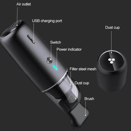Navy Blue Wireless Handheld Vacuum Cleaner For Car And Home compact cordless vacuum with USB charging port, power indicator, filter mesh, dust cup and brush
