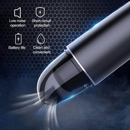 Navy Blue Wireless Handheld Vacuum Cleaner For Car And Home - close-up of nozzle showing compact design, airflow, filter and icons for low noise, battery life, short circuit protection, clean and convenient