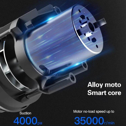 Navy Blue Wireless Handheld Vacuum Cleaner For Car And Home showing alloy motor core with 4000pa suction and 35000 r/min performance