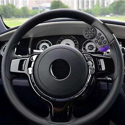 Universal 11-Key Steering Wheel Multimedia Remote Controller for Cars mounted on black steering wheel, showing easy-access buttons for volume and track control