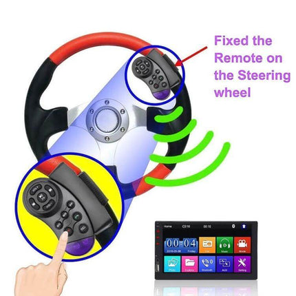 Universal 11-Key Steering Wheel Multimedia Remote Controller for Cars mounted on steering wheel showing button layout and wireless signal
