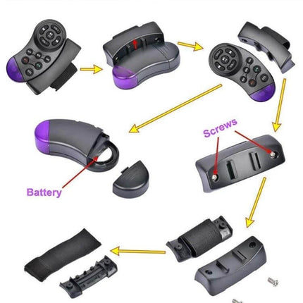 Universal 11-Key Steering Wheel Multimedia Remote Controller for Cars showing components, battery, screws and installation steps