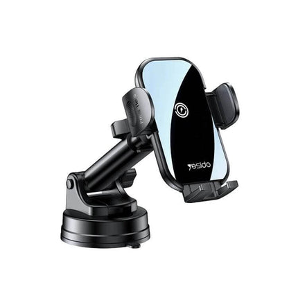 Yesido Wireless Car Charger Holder 2-In-1 Suction Cup Mount showing black 15W Qi wireless car charger with suction base and adjustable arm
