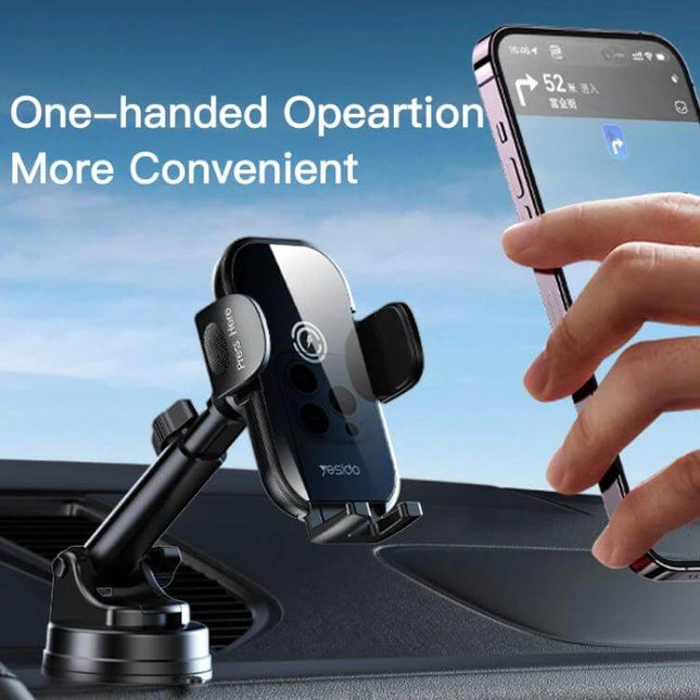 Yesido Wireless Car Charger Holder 2-In-1 Suction Cup Mount shown mounted on dashboard with one-handed phone placement, 15W Qi wireless charging