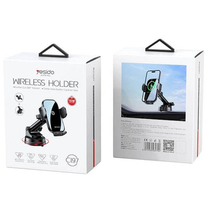 Yesido Wireless Car Charger Holder 2-In-1 Suction Cup Mount boxed retail packaging showing front and back with phone mounted and 15W wireless charging