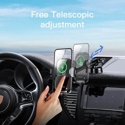 Yesido Wireless Car Charger Holder 2-In-1 Suction Cup Mount shown installed on car dash with phone charging and telescopic adjustment
