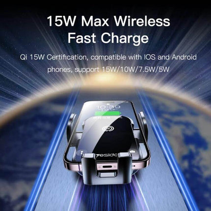 Yesido Wireless Car Charger Holder 2-In-1 Suction Cup Mount showing 15W Max wireless fast charge in car with phone secured