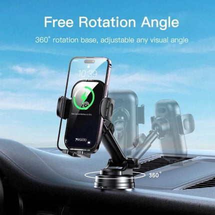Yesido Wireless Car Charger Holder 2-In-1 Suction Cup Mount on dashboard, 360° rotation, 15W Qi wireless charging and one-hand grip
