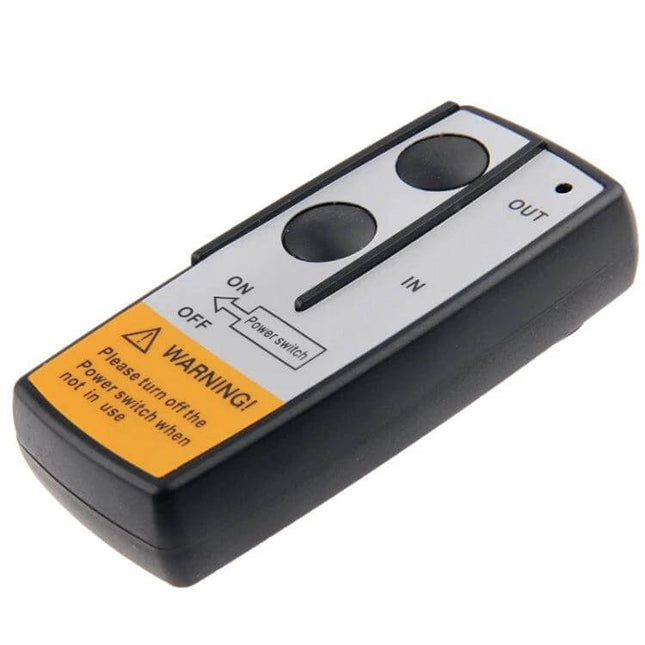 24V Wireless Winch Controller for Electric Winches handheld remote showing IN and OUT buttons and warning label