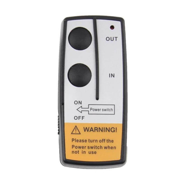 24V Wireless Winch Controller for Electric Winches handheld remote showing OUT IN buttons, power switch and warning label