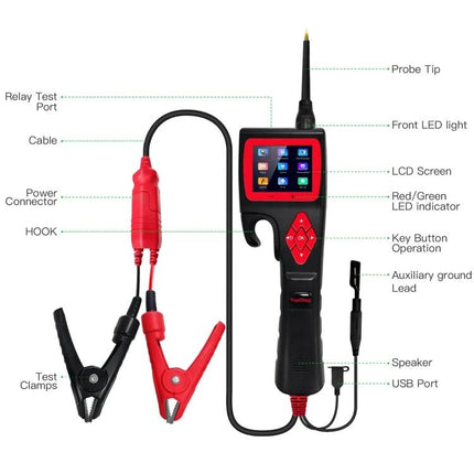 TopDiag Analyzer for Routine Vehicle Diagnostics at Home - handheld code reader with LCD, probe tip, test clamps and USB port for garage diagnostics