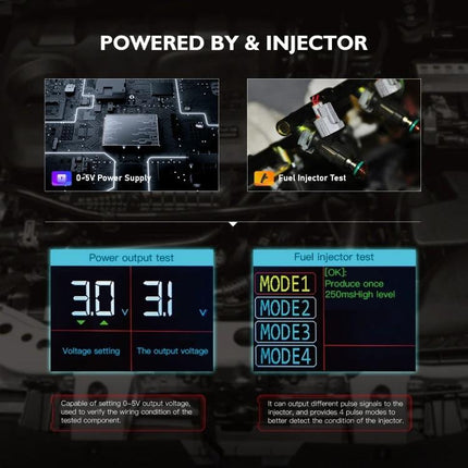 TopDiag Analyzer for Routine Vehicle Diagnostics at Home - image showing power output test and fuel injector test displays