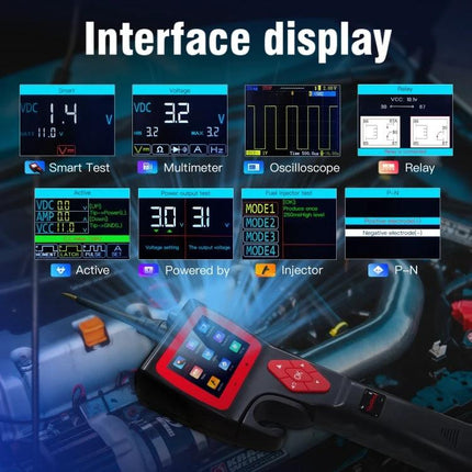 TopDiag Analyzer for Routine Vehicle Diagnostics at Home - handheld interface display showing multimeter, oscilloscope and smart test screens