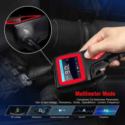 TopDiag Analyzer for Routine Vehicle Diagnostics at Home handheld multimeter testing car battery voltage and continuity in garage