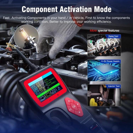 TopDiag Analyzer for Routine Vehicle Diagnostics at Home showing handheld device in engine bay performing component activation and injector tests