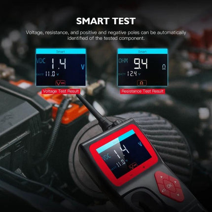 TopDiag Analyzer for Routine Vehicle Diagnostics at Home handheld showing voltage and resistance readings for quick garage tests
