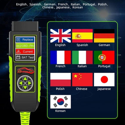 TopDiag Car Battery Analyzer for Everyday Vehicle Checks - handheld OBD battery test device showing multilingual flags and menu options