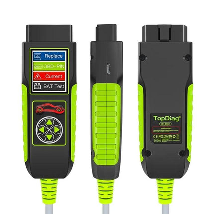 TopDiag Car Battery Analyzer for Everyday Vehicle Checks - handheld OBD battery tester with color display and green grip