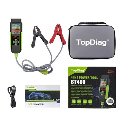 TopDiag Car Battery Analyzer for Everyday Vehicle Checks - BT400 kit with clamps, carry case, manual and USB cable