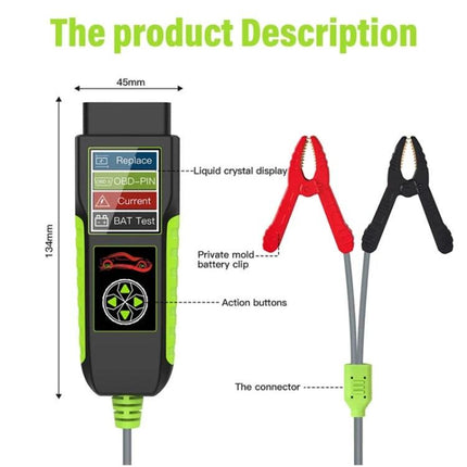 TopDiag Car Battery Analyzer for Everyday Vehicle Checks compact LCD tester with red and black battery clips and action buttons