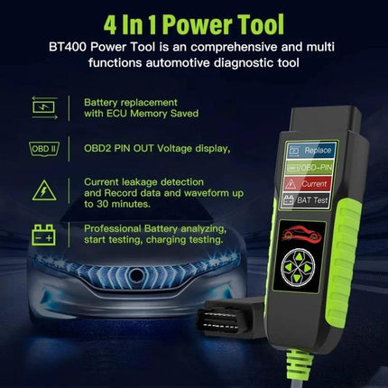 TopDiag Car Battery Analyzer for Everyday Vehicle Checks - handheld BT400 OBD2 battery test tool showing BAT Test, Current, Replace functions