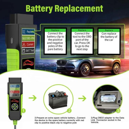 TopDiag Car Battery Analyzer for Everyday Vehicle Checks showing battery replacement steps with OBD2 plug and battery clips