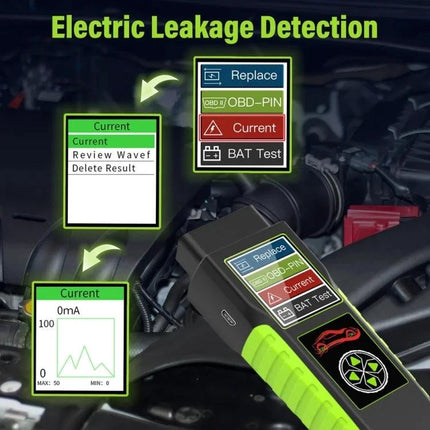 TopDiag Car Battery Analyzer for Everyday Vehicle Checks showing electric leakage detection screen and current readouts connected to car engine