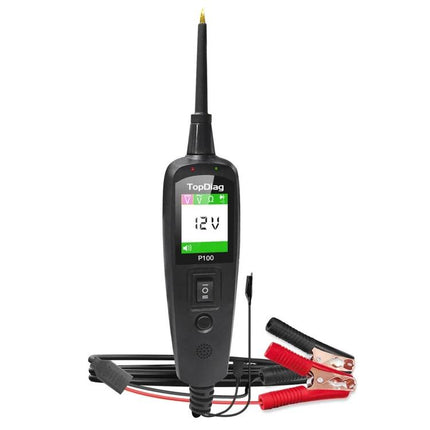 TopDiag Analyzer for Everyday Car Maintenance Tasks black handheld tester showing 12V reading with red and black battery clips