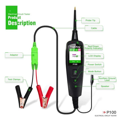 TopDiag Analyzer for Everyday Car Maintenance Tasks handheld electrical circuit tester with probe, LCD, red/green indicators and test clamp leads