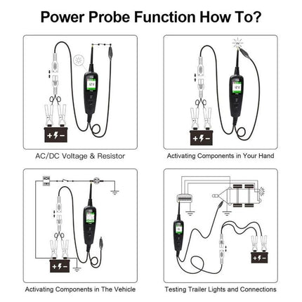 TopDiag Analyzer for Everyday Car Maintenance Tasks showing power probe functions testing battery, components, vehicle systems and trailer lights