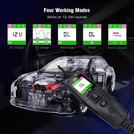 TopDiag Kit for Everyday Car Maintenance and Checks handheld multimeter showing DC/AC voltage, resistance and diode test modes for quick vehicle diagnostics